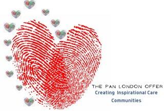 Two red fingerprints overlap to make a heart shape. Text reads: The Pan London Offer - Creating Inspirational Care Communities