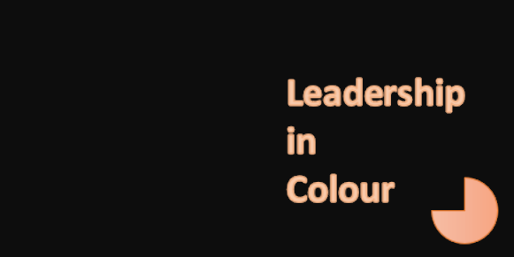 Orange text, reading Leadership in Colour with a three-quarter circle