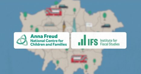 Map of London with two logos laid over the top of it - Anna Freud: National Centre for Children and Families, and IFS - Institute for Financial Studies